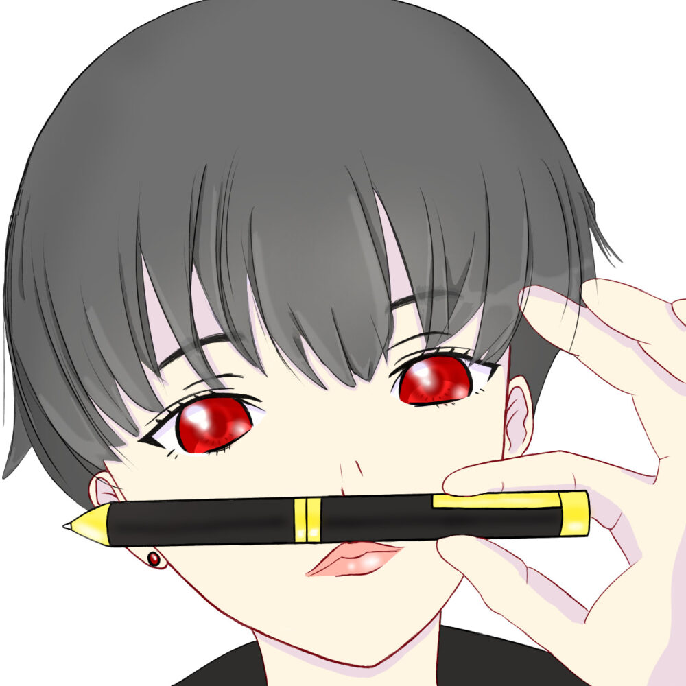 口と鼻の間にペンを挟む女性