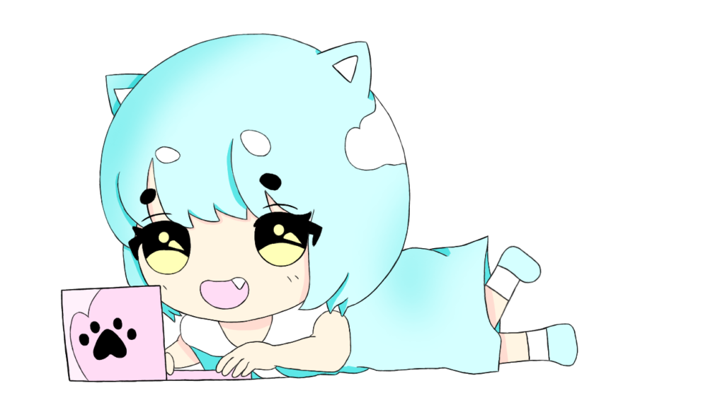 うつ伏せでパソコンを使う猫耳の女の子