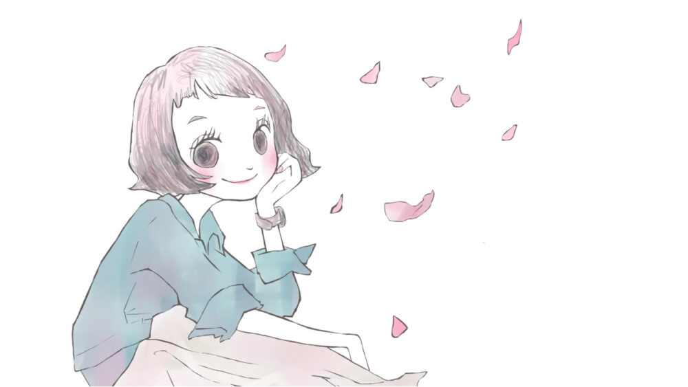 桜の花が舞う場所で座る女性