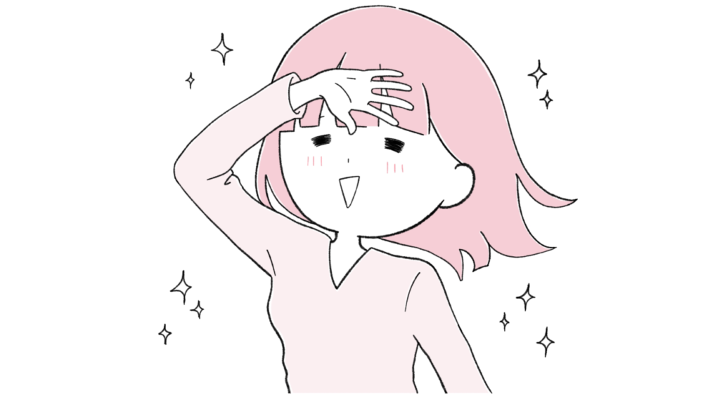 ひたいに手を当てキラキラ輝く女性