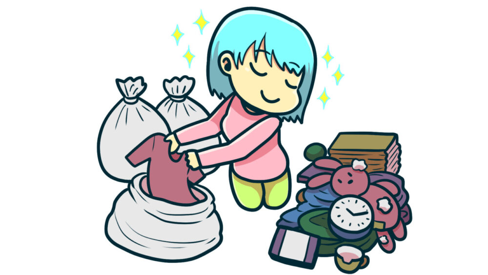 いらない物を袋に入れていく女性